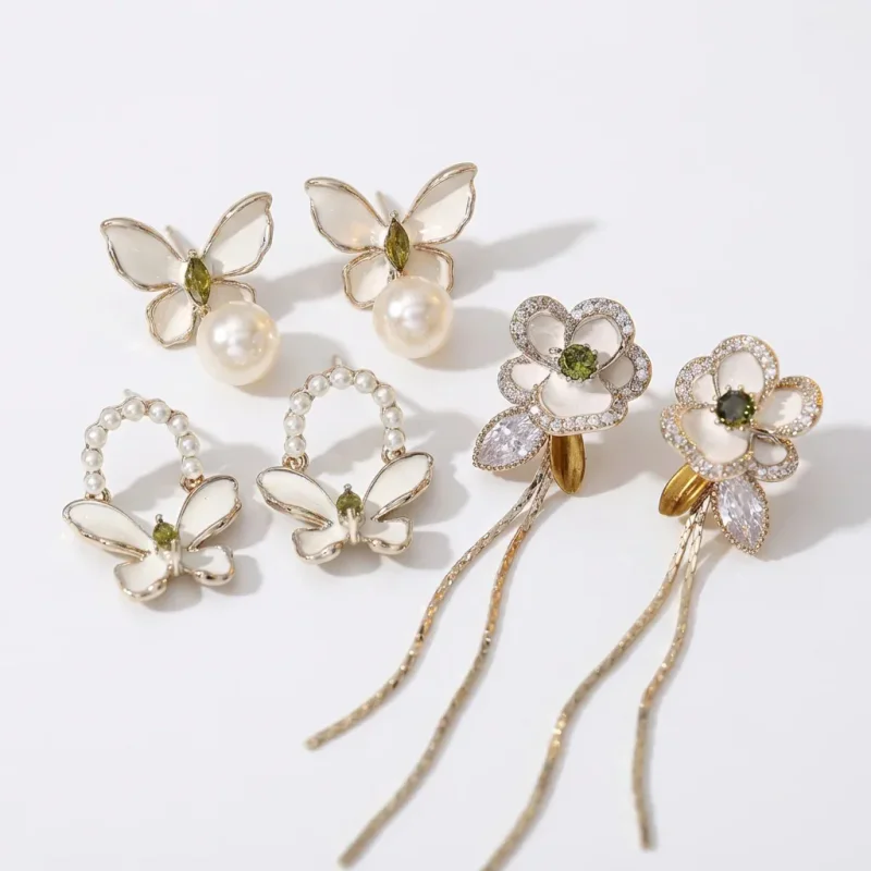 Olive Green Butterfly Pearl Stud Earrings Necklace Set - 1