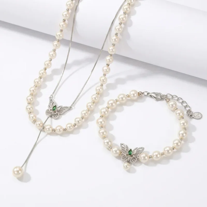 Olive Green Hollow Butterfly Pearl Jewelry Set - 1