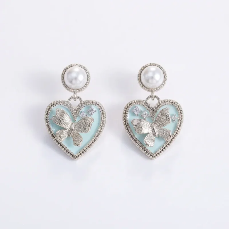 Women's S925 Heart Butterfly Pearl Stud Earrings - 1
