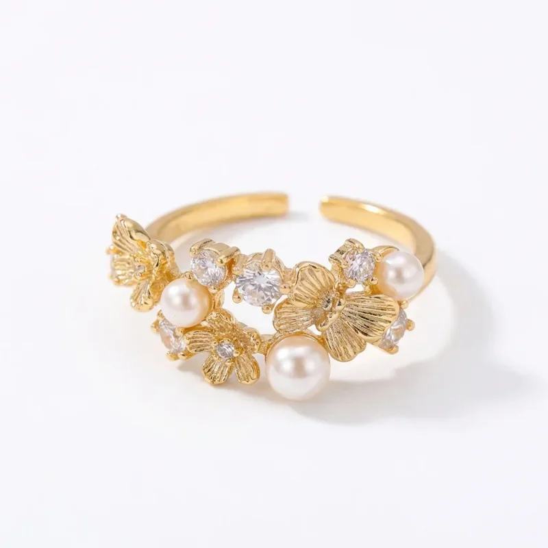 Gold Plated Geometric Zircon Pearl Adjustable Ring - 1