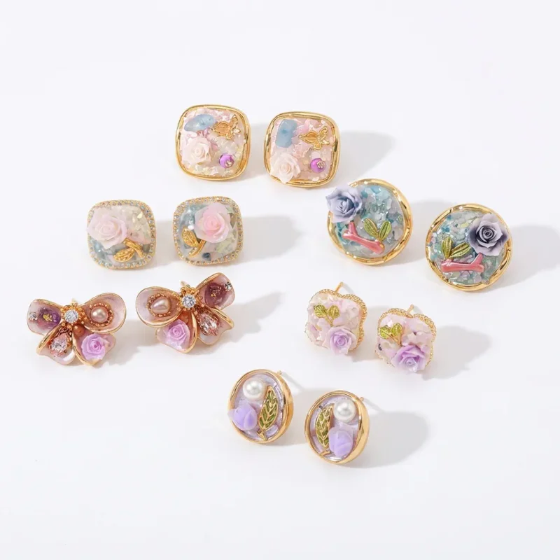 Monet Garden Oil Painting Enamel Pearl Stud Earrings - 1