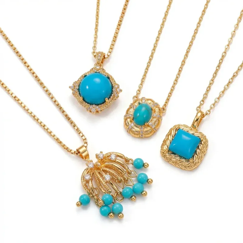 18K Gold Plated Turquoise Beaded Pendant Necklace - 1