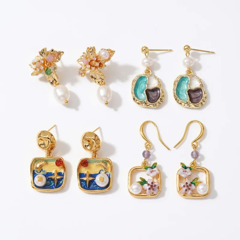 18K Gold Plated Enamel Freshwater Pearl Stud Earrings - 1