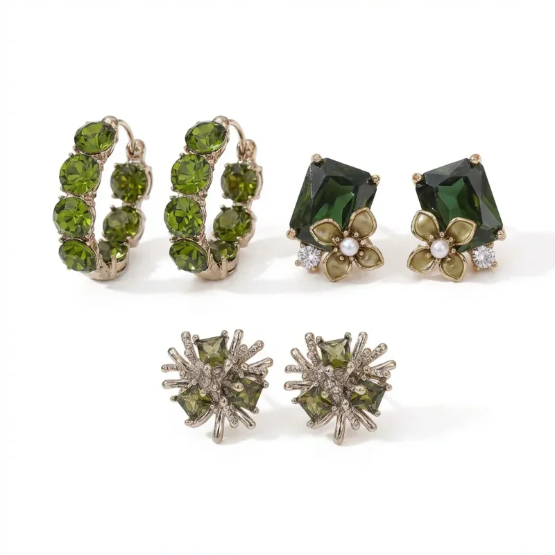 Super Shining Olive Green Zircon Floral Stud Earrings, 925 Silver Needle - 1