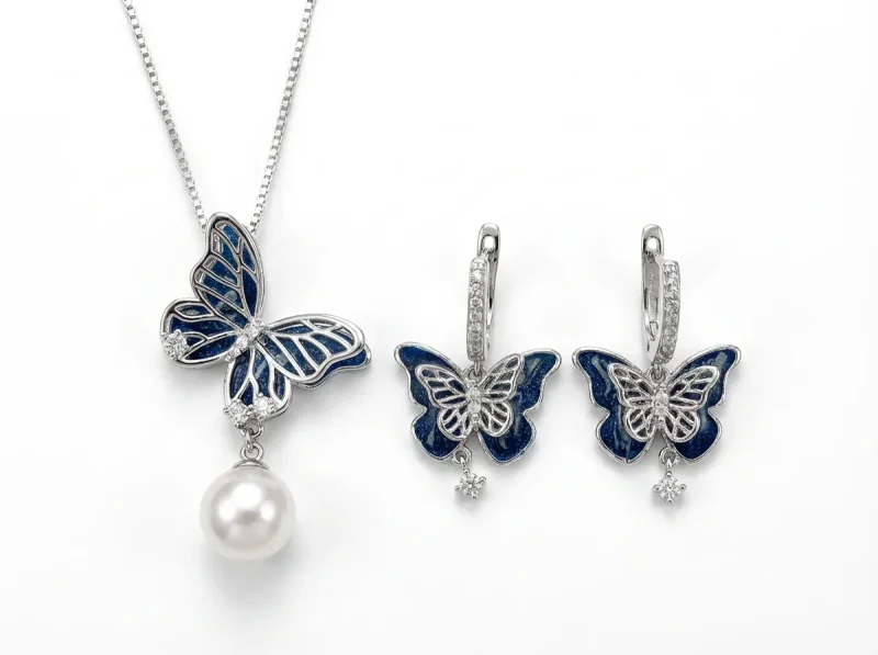 Silver Plated Copper Multi-layer Pearl Butterfly Necklace Earring Set - 1