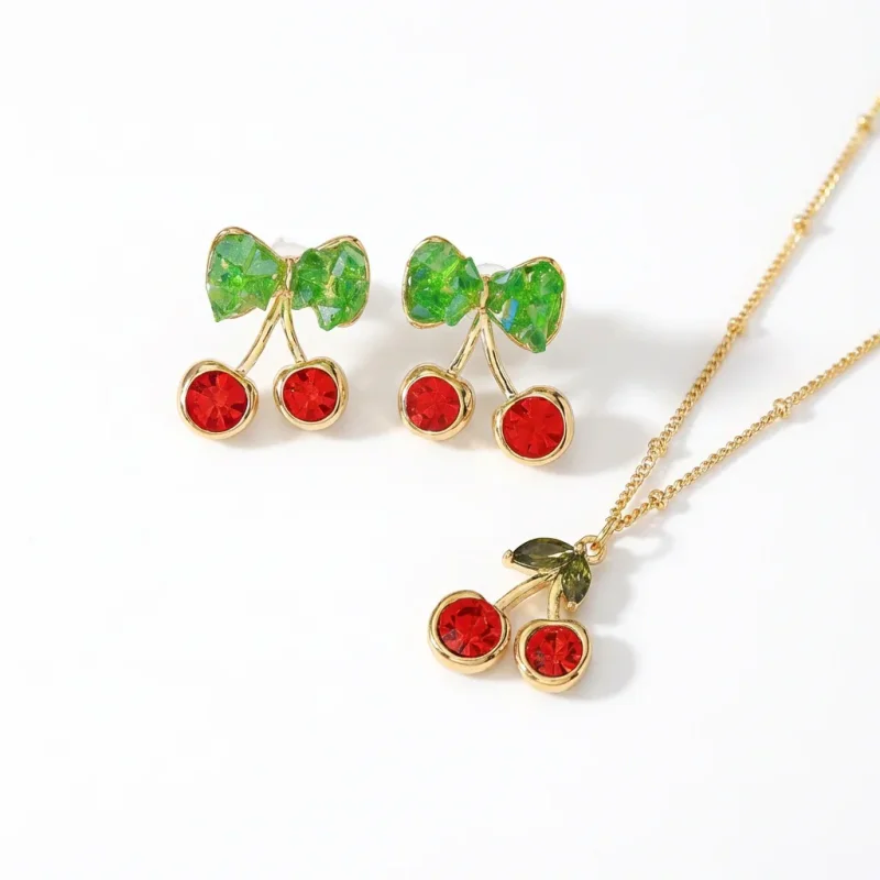 Gold Plated Copper Zircon Cherry Pendant Necklace - 1