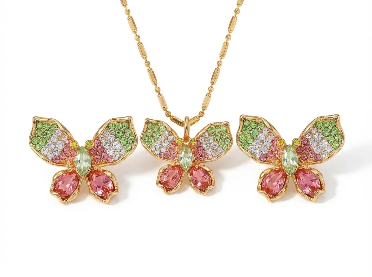 Women's Gold Plated Colorful Crystal Butterfly Necklace Earring Set