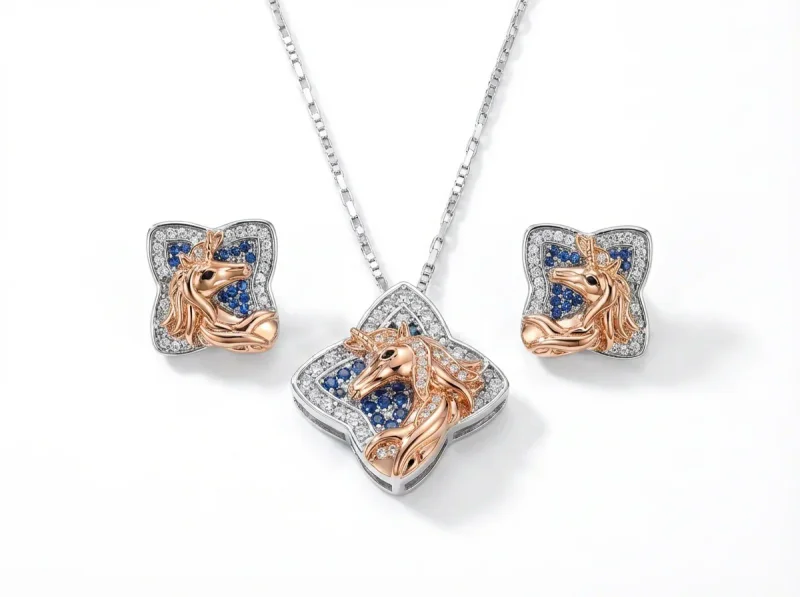 Copper Plated Gold Full Diamond Unicorn Clover Jewelry Set - 1