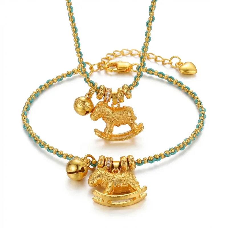 18K Gold Plated Rocking Horse Necklace & Red Rope Bracelet Set - 1