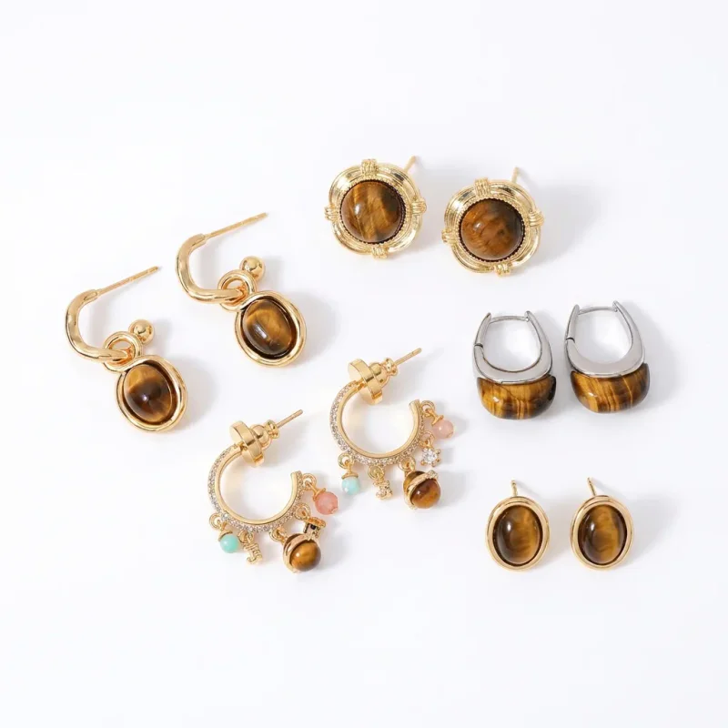 Gold Plated Copper Tigereye Geometric Earrings, 925 Sterling Silver Posts - 1