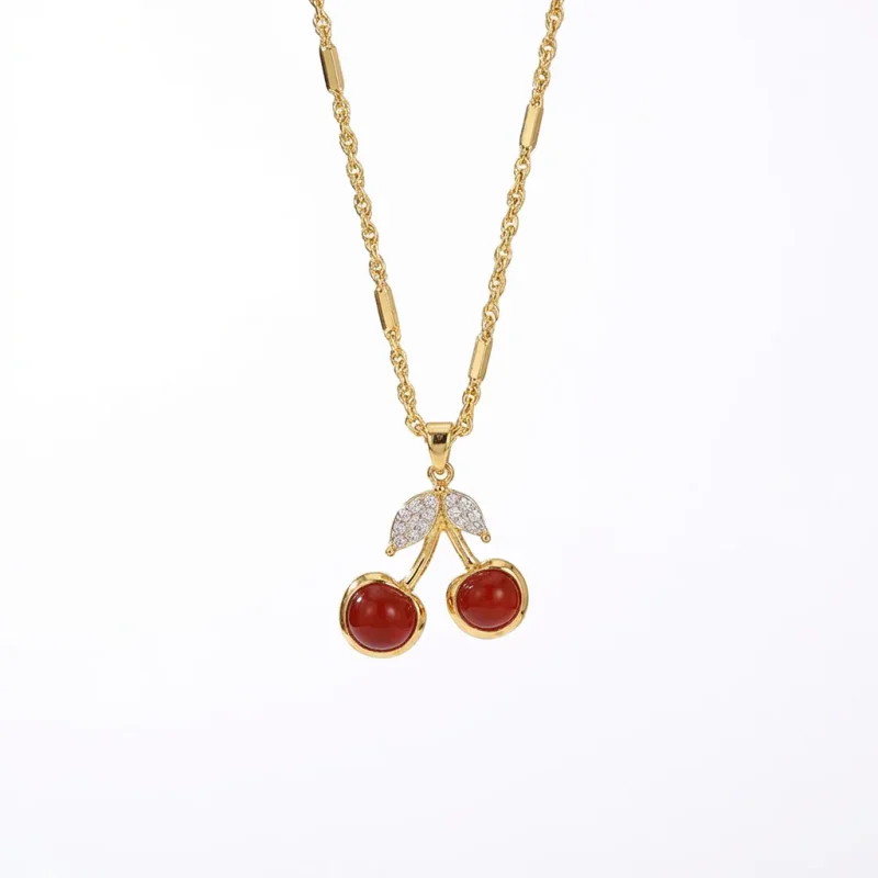 18K Gold Plated Micro-Inlaid Red Cherry Double-Layer Necklace - 1