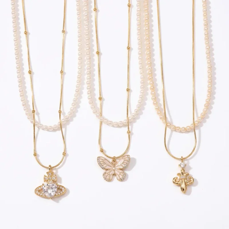 Copper Zircon Saturn Double Layer Pendant Necklace - 1