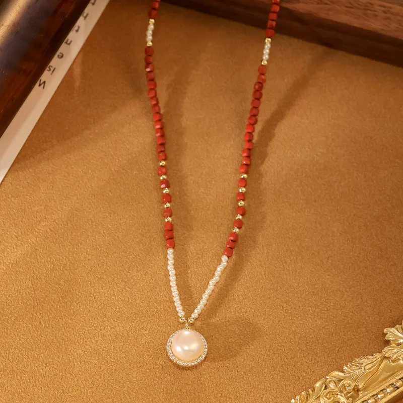 Natural Freshwater Pearl Red Cut Stone Beaded Necklace - 1