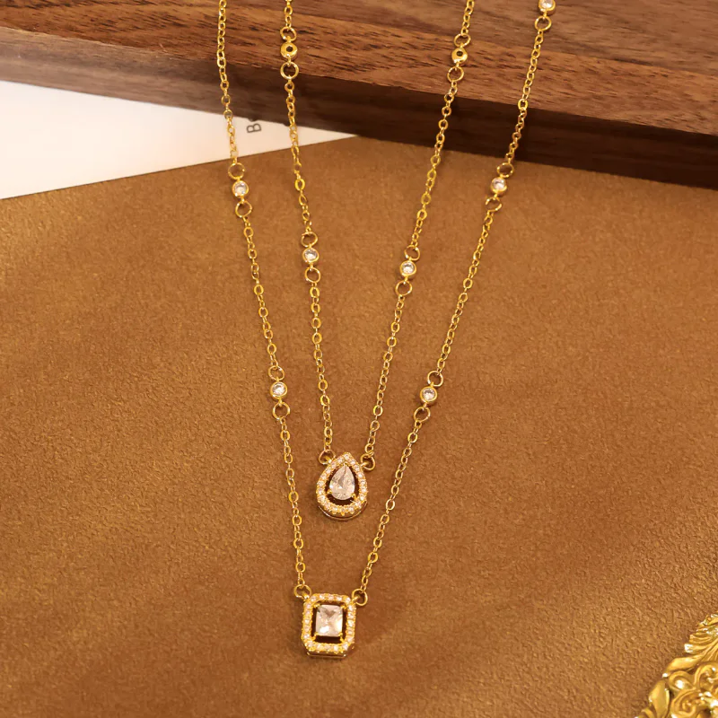 Double-Layer Square Zircon Clavicle Necklace - 1
