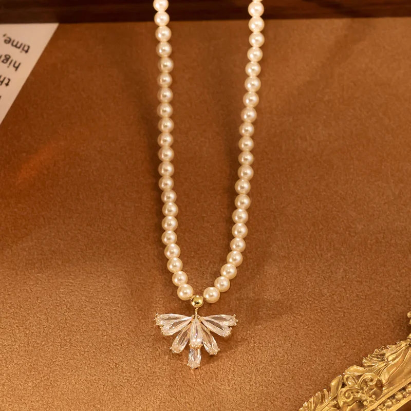 French Glass Pearl Zircon Petal Necklace - 1