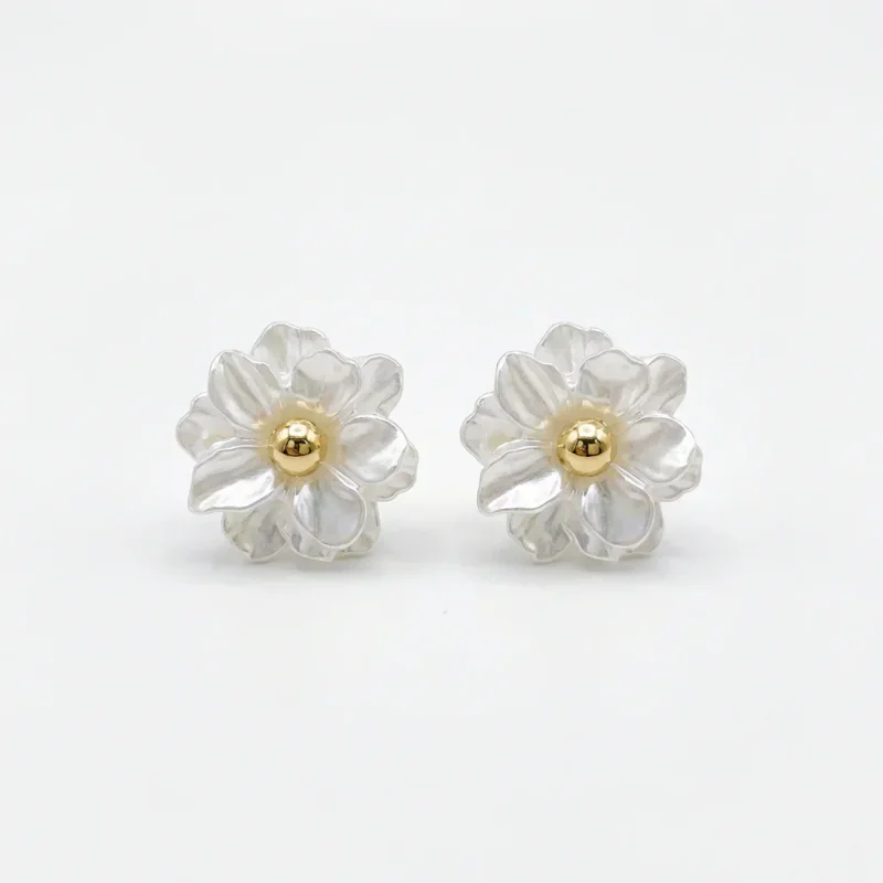 Shell Camellia Flower S925 Silver Stud Earrings - 1