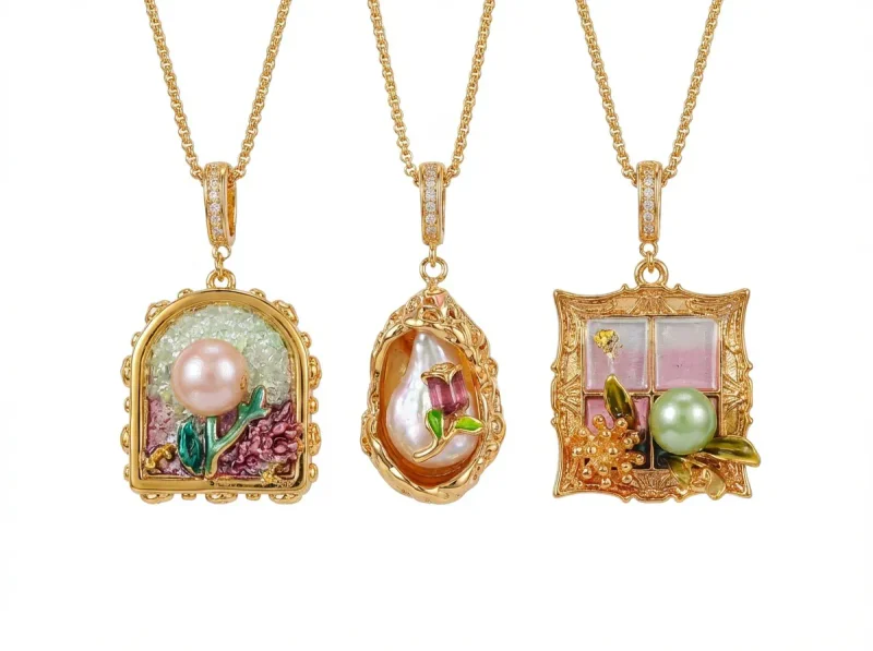 18K Gold Plated Vintage Oil Painting Baroque Pearl Necklace - 1