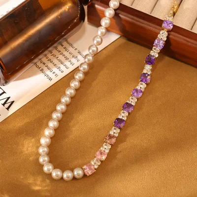 Violet Pearl Zircon Inlaid Long Pearl Necklace