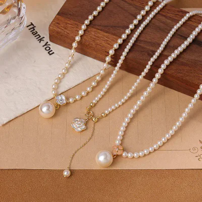 Camellia Flower Imitation Pearl Pendant Necklace