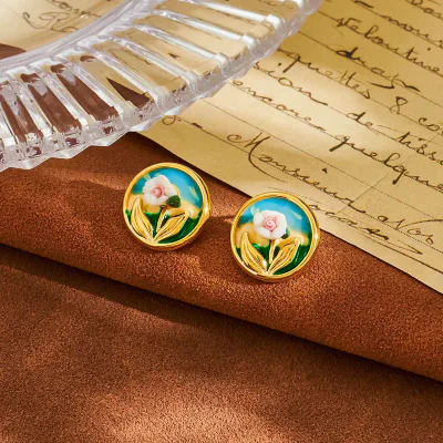 925 Sterling Silver Vintage Oil Painting Natural Freshwater Pearl Earrings