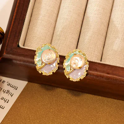 Monet Garden Oil Painting Freshwater Pearl Stud Earrings