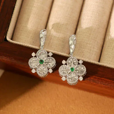 Gold Plated Green Zircon Four-Leaf Flower Drop Earrings